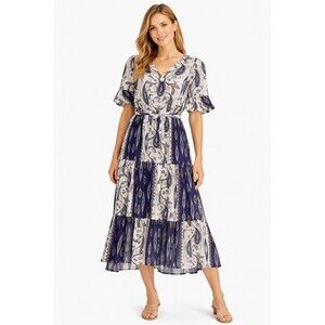 Fig & Flower Womens Midi Dress Paisley PS Petite Small Boho Tie Waist Resort